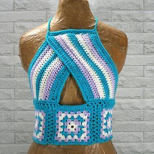 HAND CRAFTED Crochet Crop Top Cut Out Criss Cross Granny Square Various Sizes